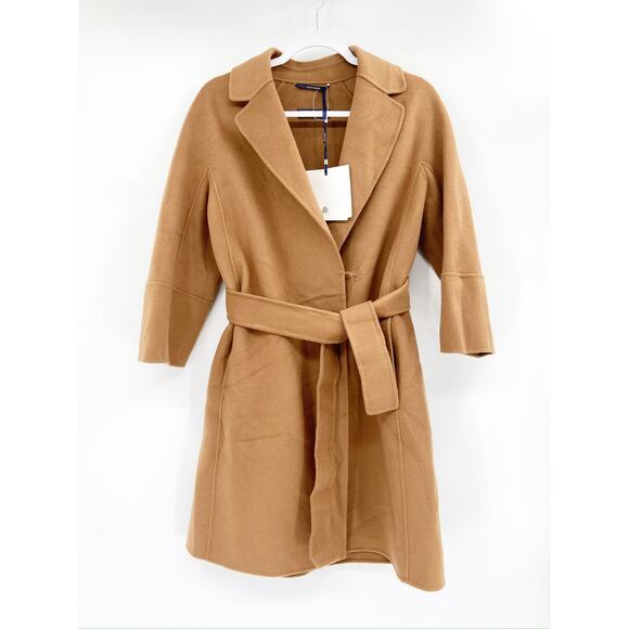 'S Max Mara Free Camel Brown Wool Belted Tie Waist Coat Size 2 NWT - Picture 2 of 9
